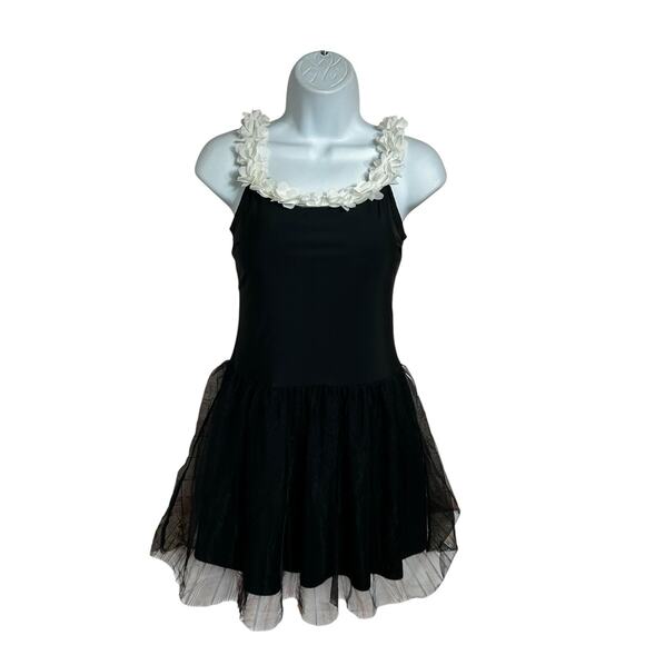 Shein Black Mini Dress Sz M Balletcore Mesh Skirt White Roses Attached Shorts - Picture 9 of 9